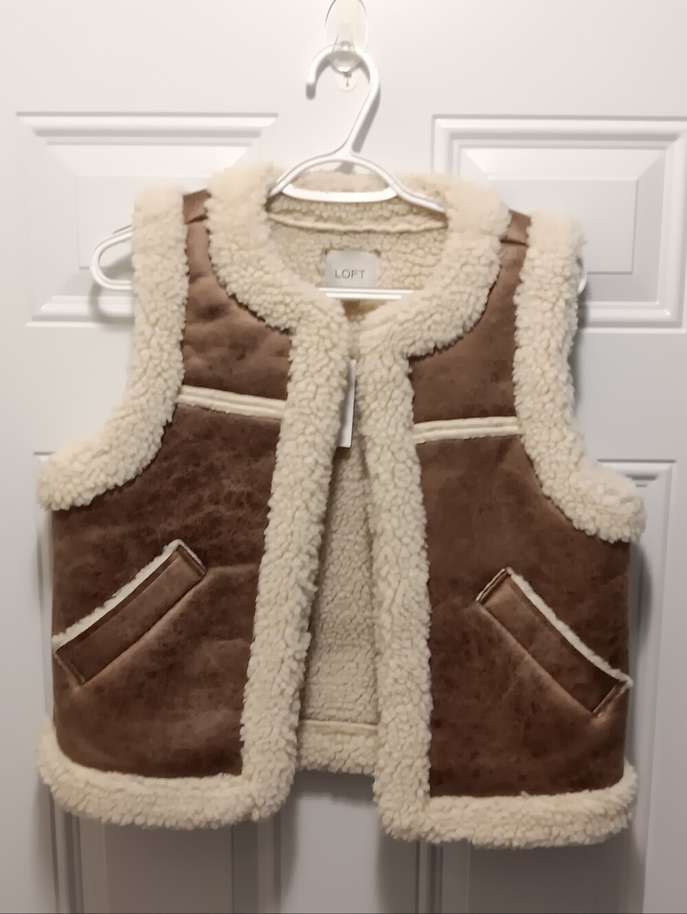 NEW Loft| XS Faux-Suede Cozy Cream Shearling Trim Vest Pockets Boho Western Layr